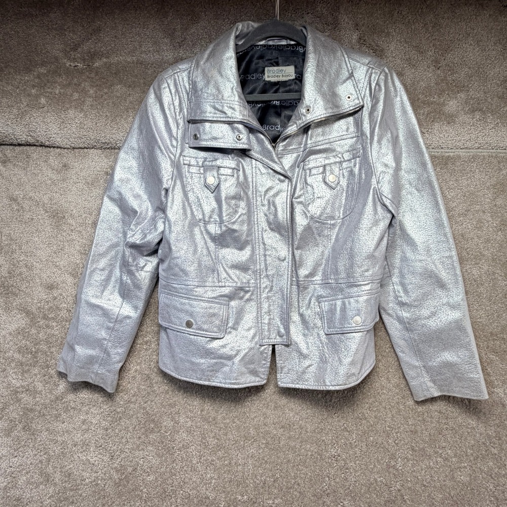 Bradley Bayou Womens Metallic Moto Leather Jacket Large Silver Biker Pockets